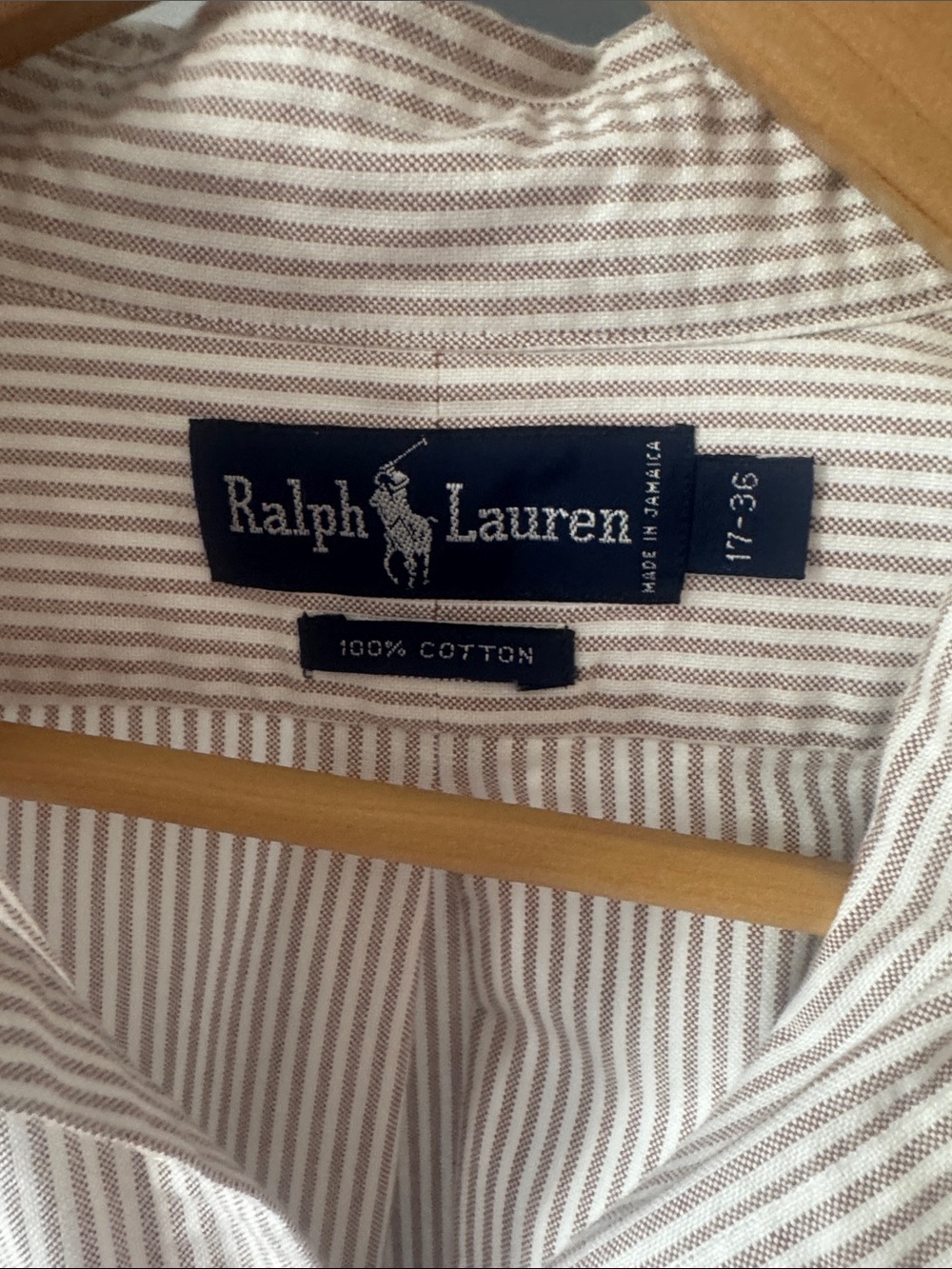 Vintage 90s Ralph Lauren Beige & White Stripe Button-Down Shirt. Made in Jamaica - Picture 4 of 8